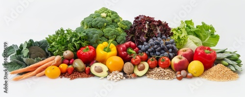 A vibrant assortment of fresh vegetables and fruits arranged on a white background  ideal for healthy eating and organic produce marketing.