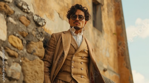 Elegant Man in Vintage Fashion Posing by Aged Stone Wall
