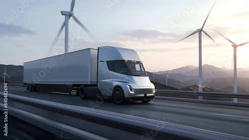 Automatic driving truck transporting on the highway surrounded by windmills. Futuristic business and innovative technology. 