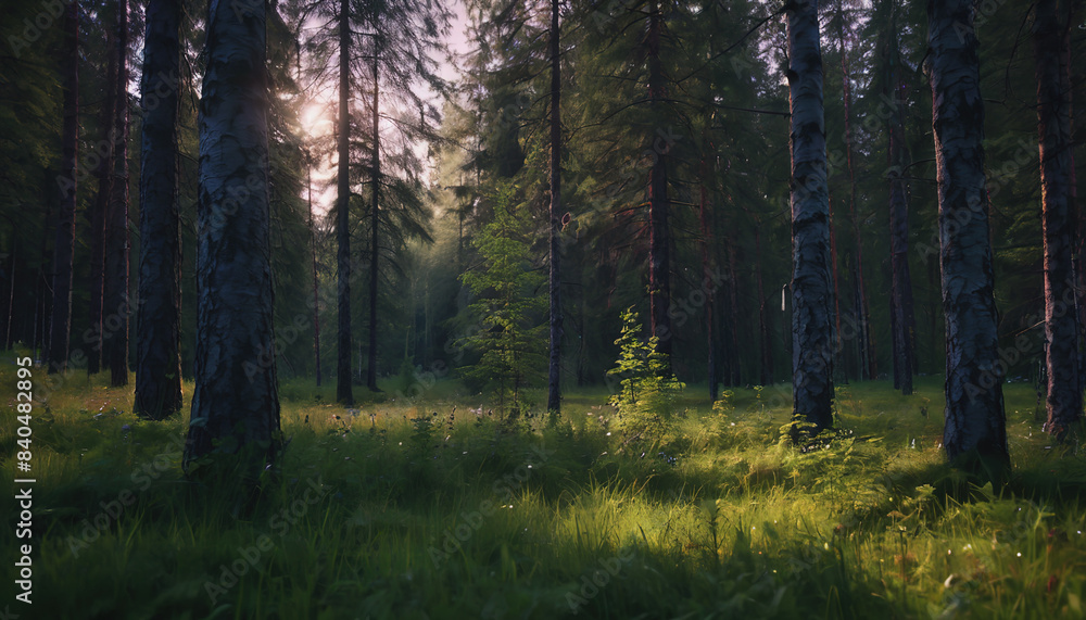 Fototapeta premium Finnish Nature Day. fabulous nature. green dense forest. green grass. forest vegetation. summer nature. sunset. sunrise