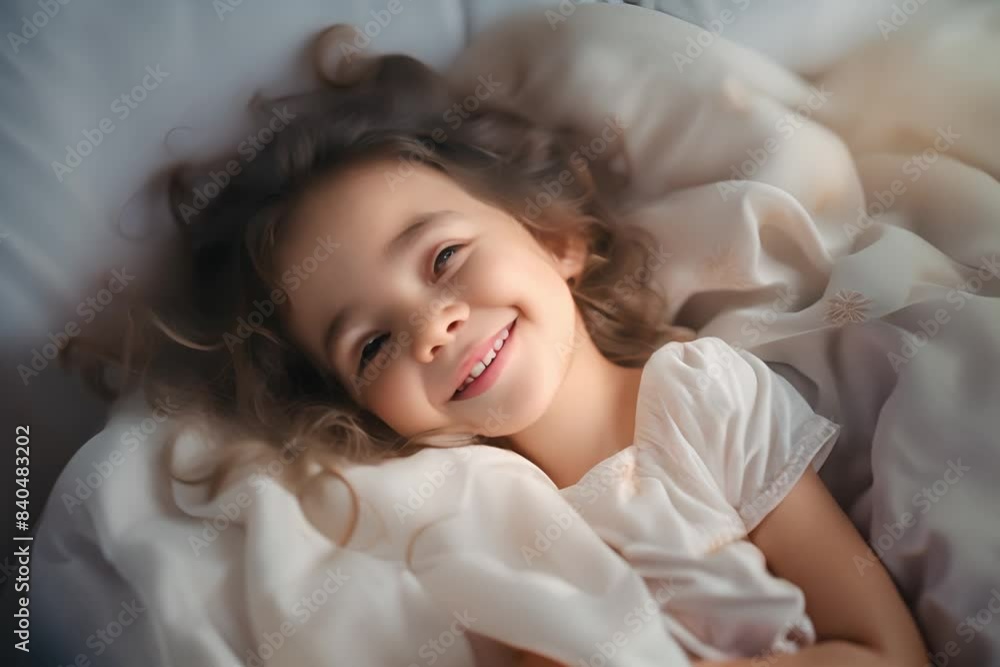 Smiling kid girl lying on a bed sleeping on white sheets. Sweet dreams. Happy smiling kid sleeping. Little blond girl wearing white blouse in white bedclothes Smiling kid girl lying on a bed sleeping on white sheets. Sweet dreams. Happy smiling kid sleeping. Little blond girl wearing white blouse in white bedclothes