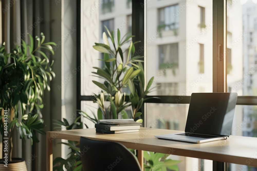 Fototapeta premium Modern office interior with work desk and laptop, panoramic window. Mock up wall