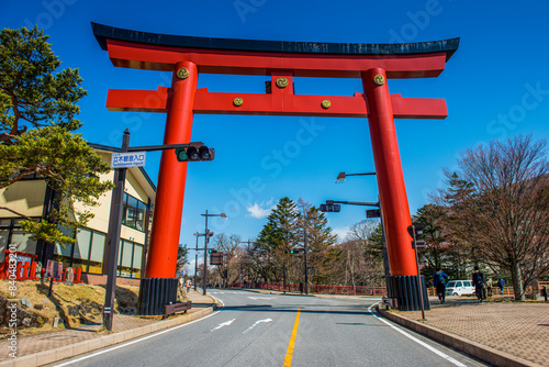 Red gate in Chuzenjiko Onsen, UNESCO World Heritage Site, Tochigi Prefecture, Nikko, Kanto, Honshu photo