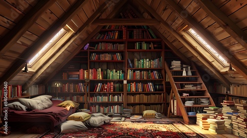 A cozy attic library with slanted ceilings, scattered cushions, and books piled to the rafters.