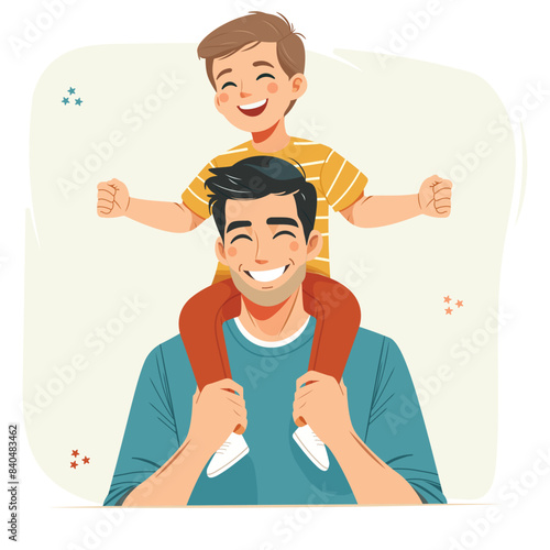 Happy father-s day. The son is sitting on the father's shoulders in flat style. Vector illustration