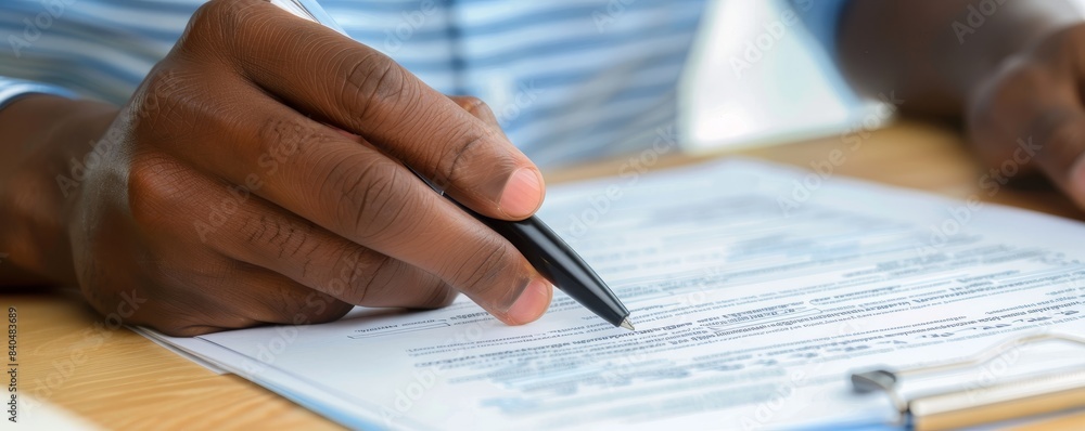 Close-up of a hand filling out a form with a pen, wearing a striped shirt, sitting at a table. Close-up of a hand filling out a form with a pen, wearing a striped shirt, sitting at a table.