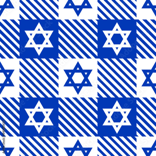 Israeli vector seamless pattern. Stars of David on gingham background in blue and white colors.