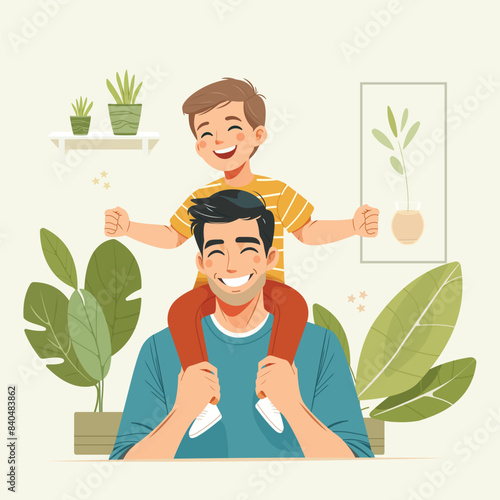 Happy father-s day. The son is sitting on the father's shoulders in flat style. Vector illustration