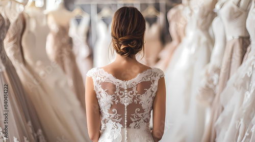 Back view of a young woman in wedding dress looking at bridal gowns on display in boutique 