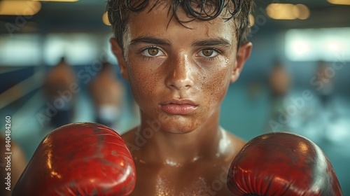 intense focus young boy boxer covered with sweat during boxing training