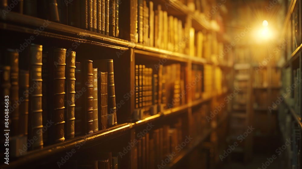A dimly lit room with rows of books illuminated by soft, golden lamplight.