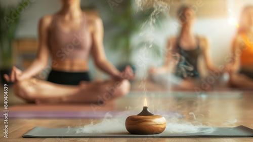 Group yoga session with focus on diffuser mist photo