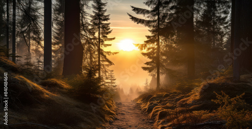 Mystical Forest with Sunbeams In Morning Fog. Golden Sunrise Over Misty Forest Pathway. Generative AI