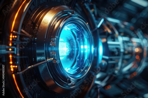 Advanced ion propulsion engine with glowing blue thruster. Futuristic spacecraft technology in closeup. Futuristic technology. Advanced ion propulsion engine glowing blue with innovative spacecraft