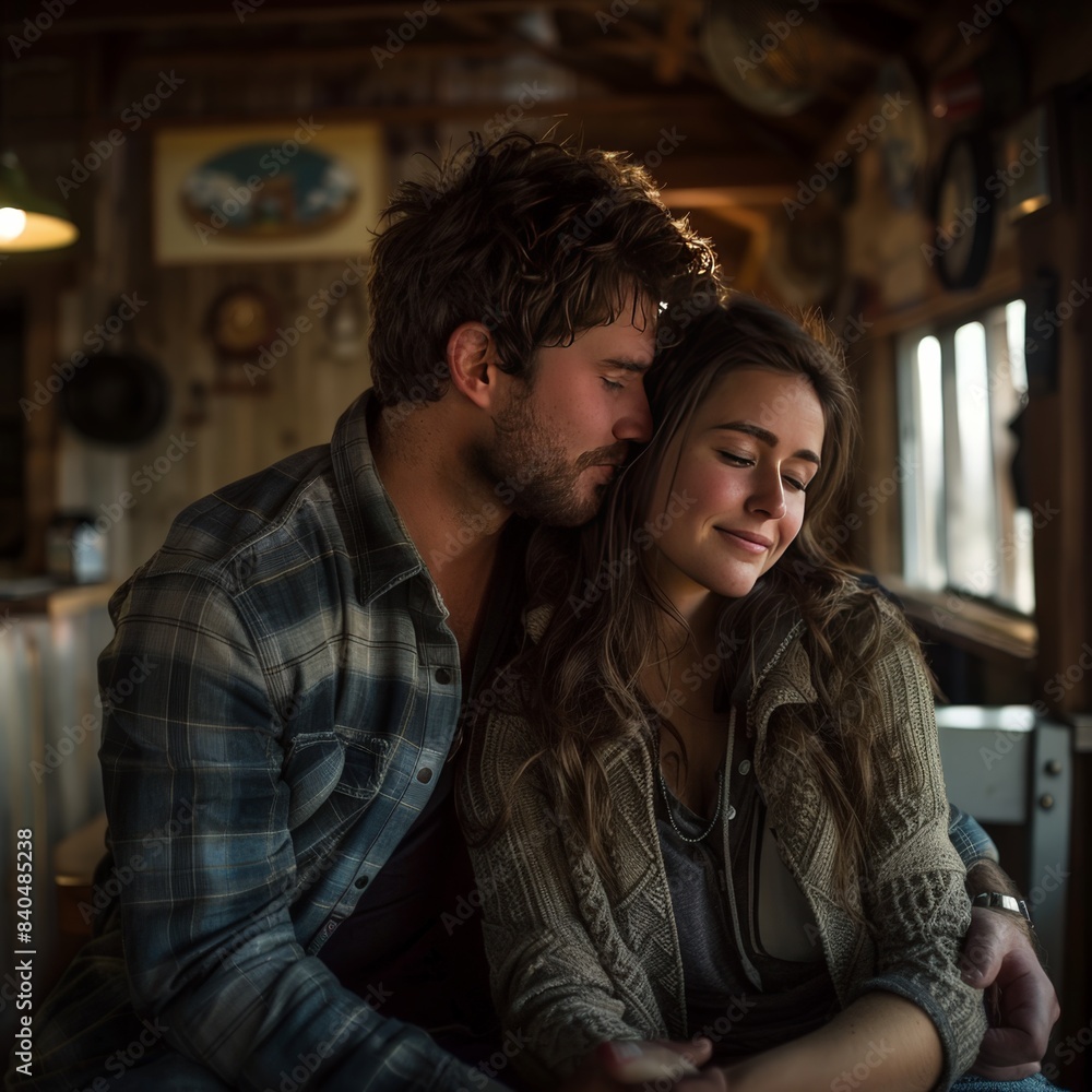 Couple in a Rural Setting, Embracing and Looking into the Distance with a Sense of Connection Couple in a Rural Setting, Embracing and Looking into the Distance with a Sense of Connection