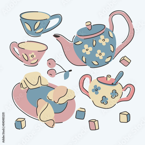Set of illustrations for tea drinking. Delicate images of teapot, cups, croissants, sugar bowl. Vector, isolated objects.