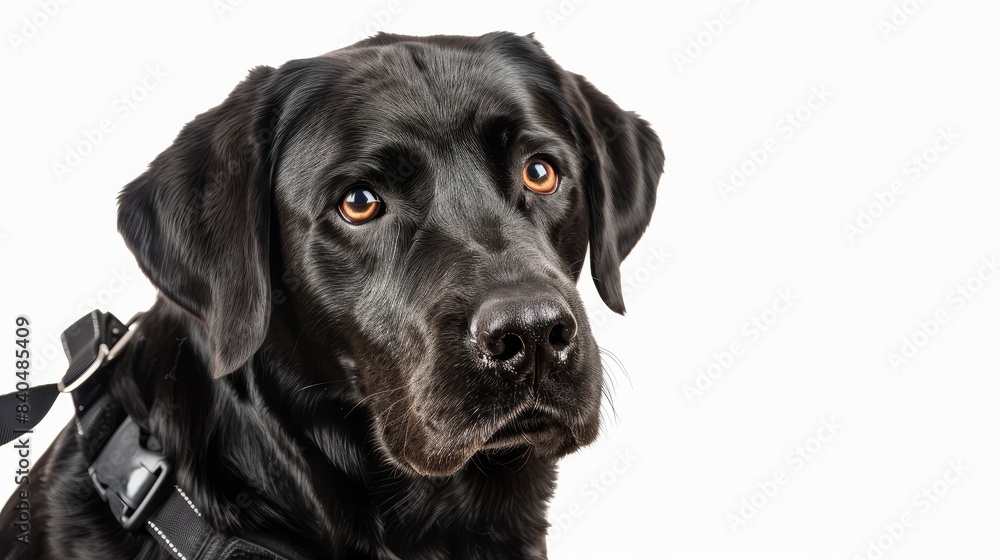 Close-up portrait of a black Labrador Retriever dog with a harness against a white background, looking attentive and gentle. Close-up portrait of a black Labrador Retriever dog with a harness against a white background, looking attentive and gentle.