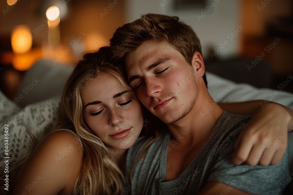 Intimate Couple Embracing in a Cozy Living Room Intimate Couple Embracing in a Cozy Living Room