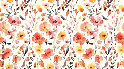 Seamless pastel pattern featuring watercolor flora in red, orange, and yellow shades