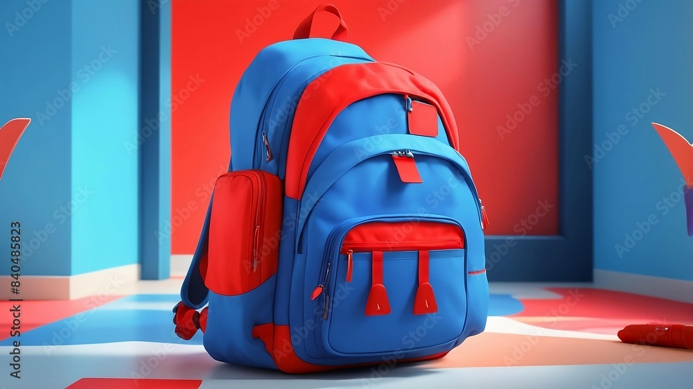 Fototapeta premium Blue backpack with red trim on red and blue floor