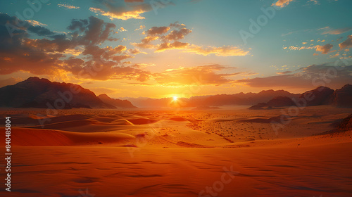 An ultra HD view of a nature desert at sunrise  the light casting long shadows and creating a golden glow across the sand