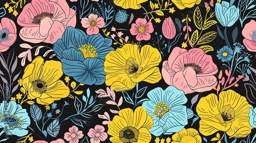 Soft pastel black  yellow  blue and pink floral design  hand-drawn seamless pattern