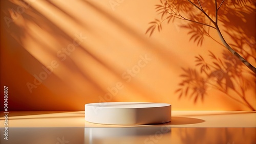  podium for product demonstration. platform on an orange background, shade of plants