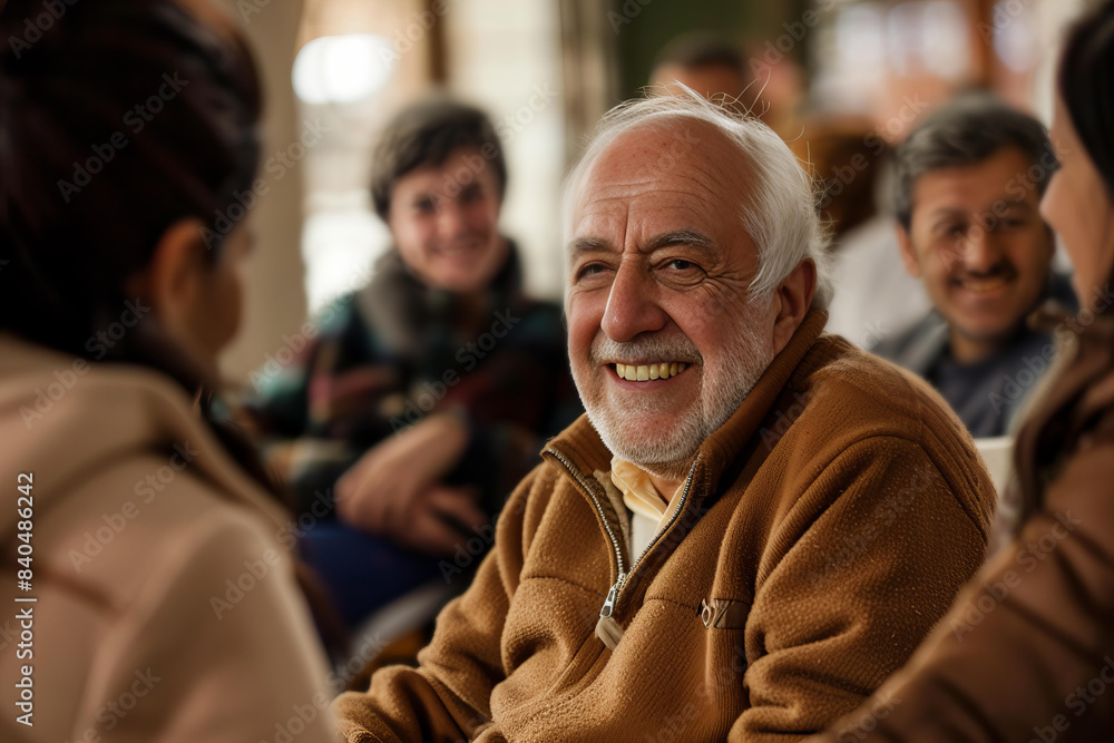 Smiling mature man engaging in group therapy, conversing with individuals of various ages. Smiling mature man engaging in group therapy, conversing with individuals of various ages.