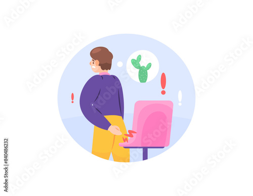 illustration of a man feeling pain in his buttocks. suffering from hemorrhoids. boils on buttocks. pain when sitting. felt pain like being pricked by a cactus thorn. health problems. character