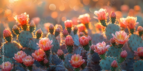 Vibrant Flower Field at Sunset with Cactus Plants in Focus