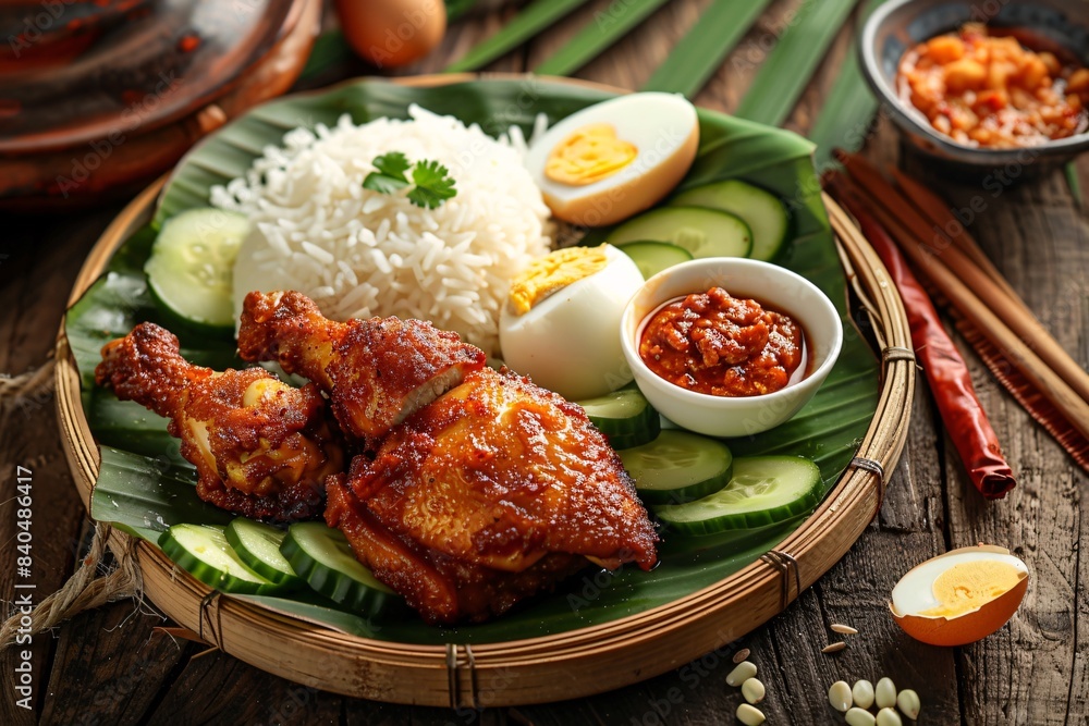 A plate of Nasi Lemak on banana leaves with fried chicken tight