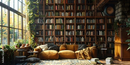 Cozy library scene with large bookcase sofa and books creates inviting atmosphere. Concept Library Decor  Cozy Ambiance  Book Nook  Inviting Space  Relaxing Atmosphere