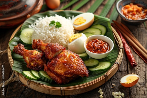 Obraz na płótnie A plate of Nasi Lemak on banana leaves with fried chicken tight w salonie