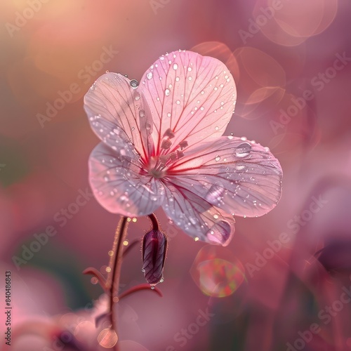 Pink Flower with Drops of Water, Soft Focus Landscape Stock Photo