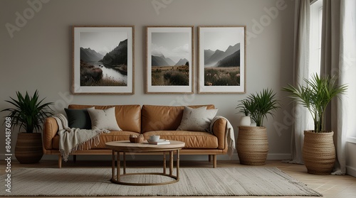 Three poster or photography frame mockup on the white wall in a Boho style interior with sofa and other furniture decor.