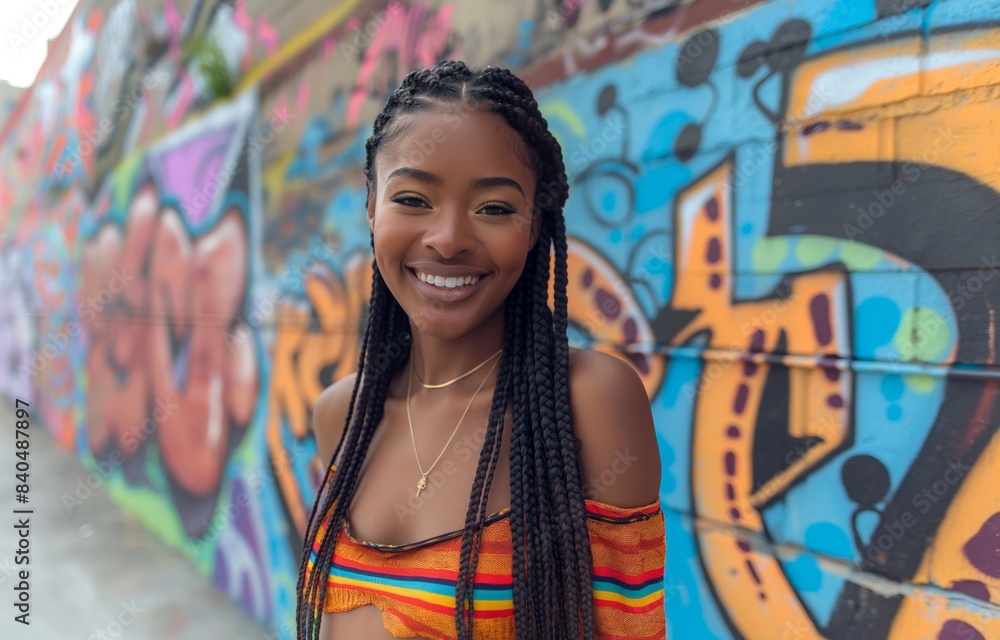 Fototapeta premium portrait of pretty young African American woman braid hairstyle, graffiti wall urban art background