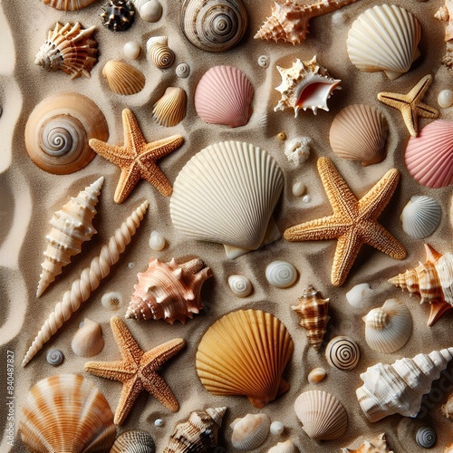 Top view of a sandy beach with exotic seashells and starfish as natural textured background for aesthetic summer design.