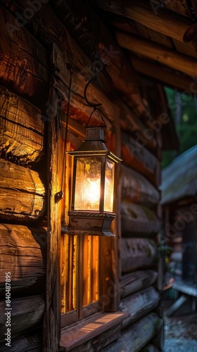 a vintage lantern casts a warm glow on the weathered exterior of an old wooden house, infusing the scene with a timeless charm and inviting aura. © lililia