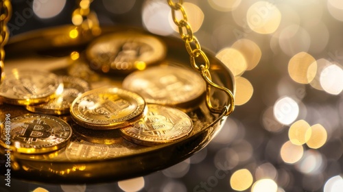 Golden Bitcoins on a balance scale, symbolizing the concept of cryptocurrency value with a bokeh background.