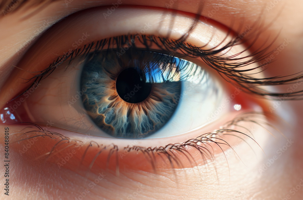 Fototapeta premium Macro pupil retina human eye, eyeball. Female eyes with long eyelashes close up. Macro of human eye. Closeup of blue human eye. Human eyes close-up detail.