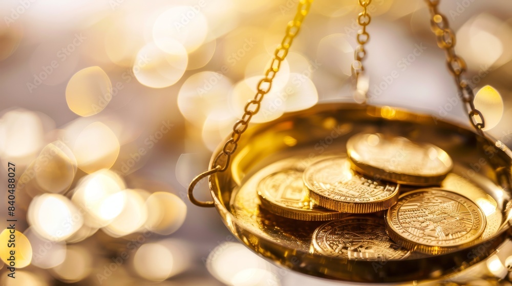 Golden coins on a balance scale against a sparkling background, symbolizing wealth, investment, and financial balance. Golden coins on a balance scale against a sparkling background, symbolizing wealth, investment, and financial balance.