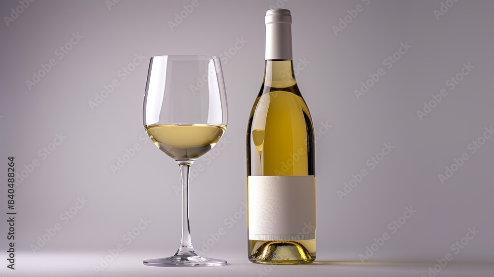 Elegant white wine bottle next to a filled glass, label facing forward, isolated background, studio lighting Elegant white wine bottle next to a filled glass, label facing forward, isolated background, studio lighting