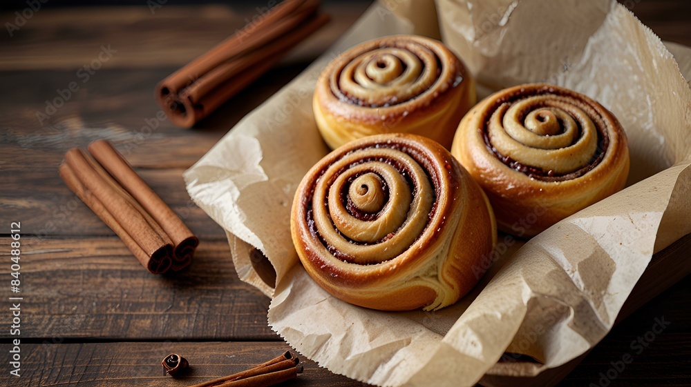 Tasty cinnamon rolls, Cinnamon rolls buns christmas baking on a wooden breakfast table and parchment paper. Tasty cinnamon rolls, Cinnamon rolls buns christmas baking on a wooden breakfast table and parchment paper.