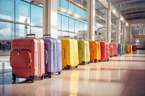 Multicolor packed suitcases on airport background. Travel concept.