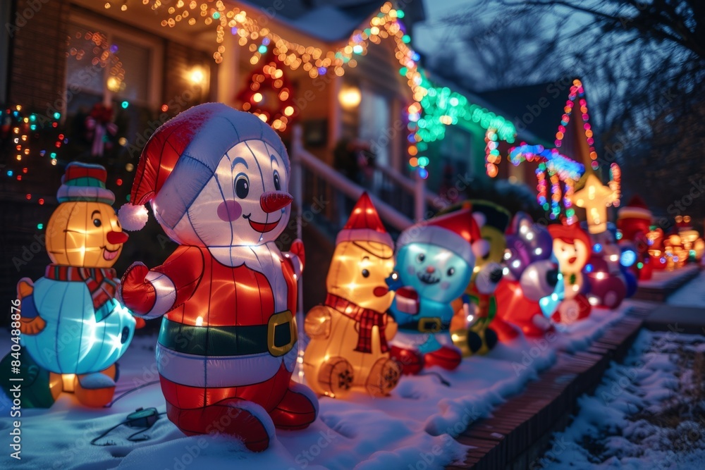Front Yard with Inflatable Christmas Characters and Colorful Lights

