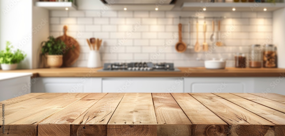 Modern kitchen with wooden countertop, white brick backsplash, and potted plants. Cozy and clean cooking space with natural light. Modern kitchen with wooden countertop, white brick backsplash, and potted plants. Cozy and clean cooking space with natural light.