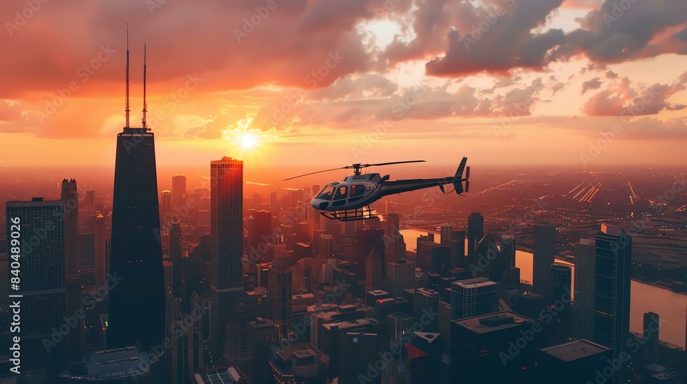 A sleek black helicopter flies over a vibrant city at sunset. The sun casts a warm glow on the buildings and the river below.