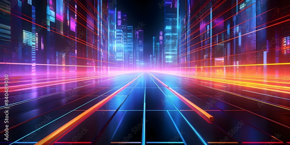 Futuristic Digital Backdrop Featuring Server Lines, Data Centers, Neon Signs, and Speed. Concept Technology-themed Backdrop, Futuristic Digital Design, Server Lines, Data Centers, Neon Signs, Speed