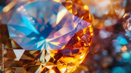 Close-up of a beautiful cut yellow diamond with blue and orange light reflections on a blurred background.