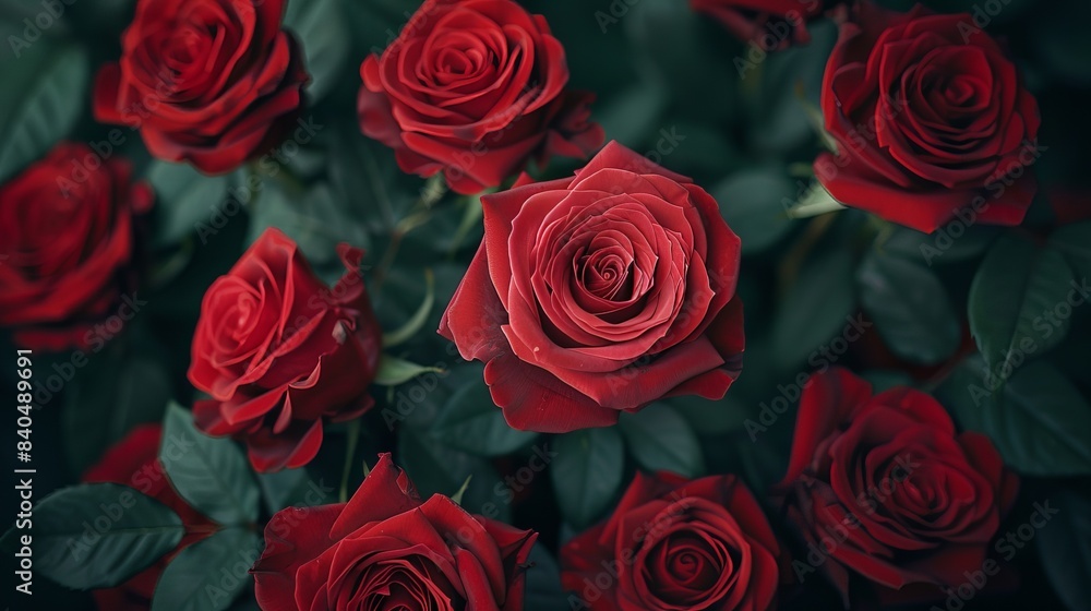 A large bouquet of red roses in the style of Valentine's Day theme, high resolution, hyper realistic photography style, closeup, dark background, top view A large bouquet of red roses in the style of Valentine's Day theme, high resolution, hyper realistic photography style, closeup, dark background, top view